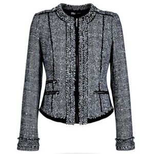 WHBM Tweed Blazer 8 Black Fringe Trim Epaulet Shoulders Front Zip 3 Zip Pockets